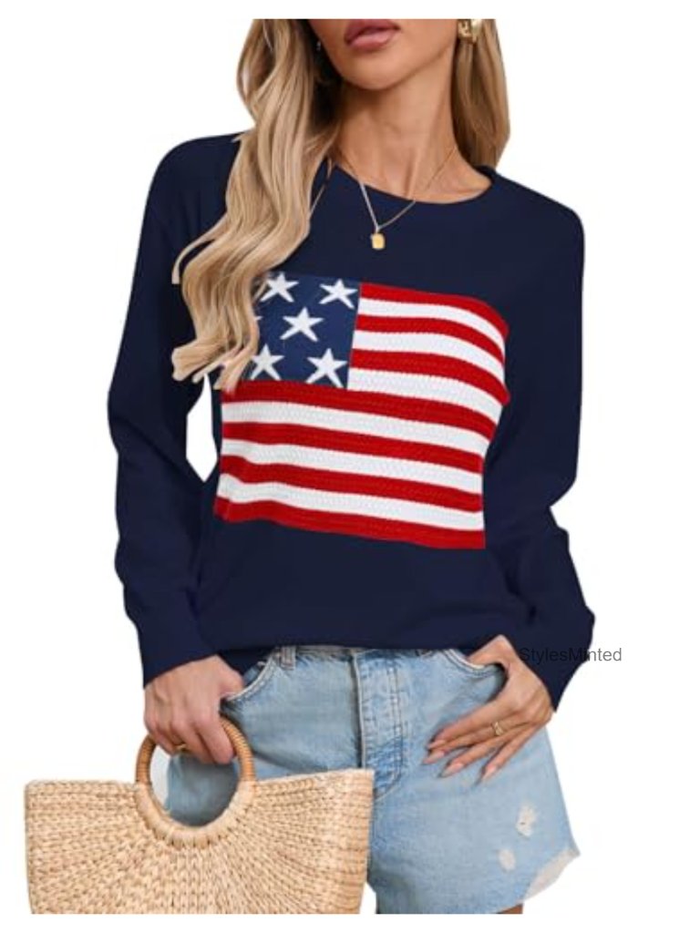 American Flag Sweater Long Sleeve Crew Neck Pullover
